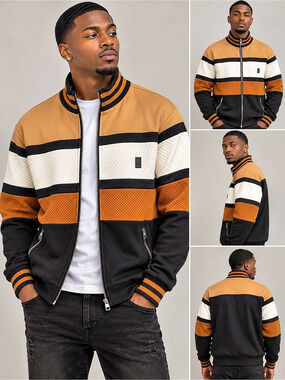Makobi Men’s Colorblock Quilted Bomber Jacket Black Tan Cream M